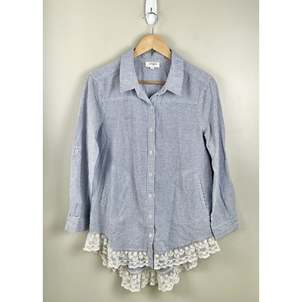 Umgee Women's Blue Striped Button  Up Lace‎ Hem Tunic Shirt Roll Tab Sleeves Sm